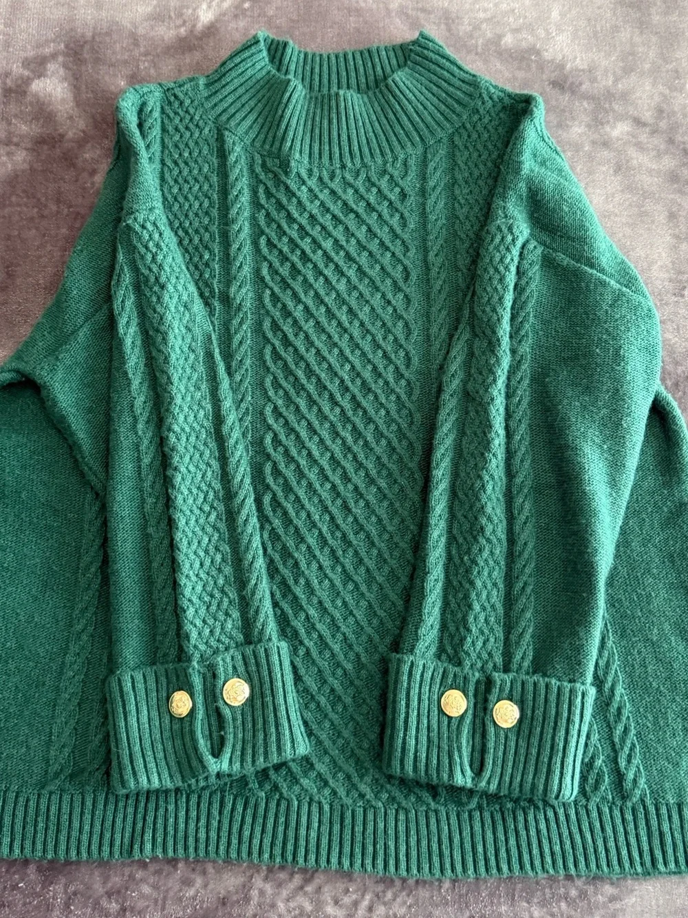 Talbots Emerald Green Cable Knit Sweater Size 0X Gold Button Cuff Mock Neck